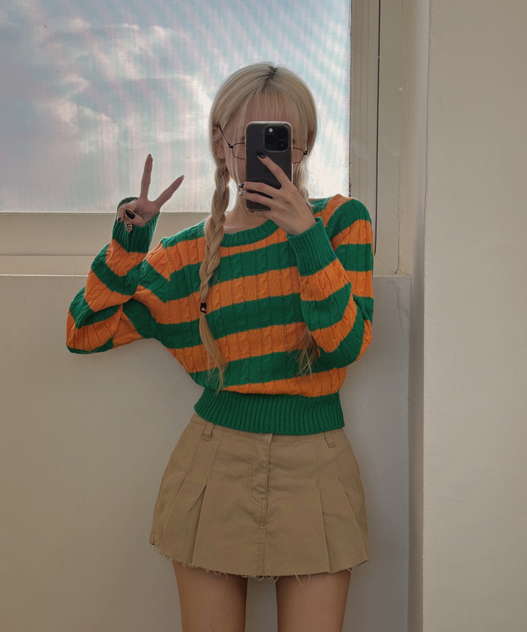 ケーブルストライプクロップニット(5color) GREEN