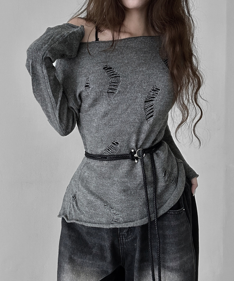 ダメージアンバランスニット GREY