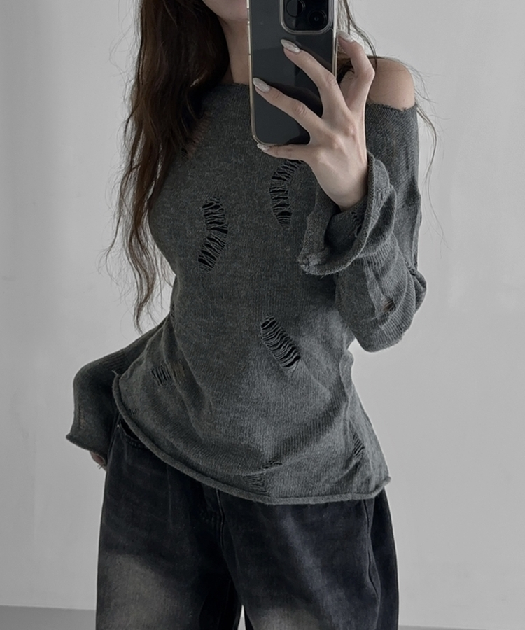 ダメージアンバランスニット GREY