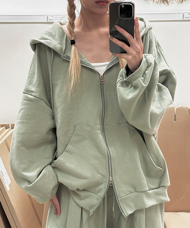 ルーズフィットフードジップアップ KHAKI