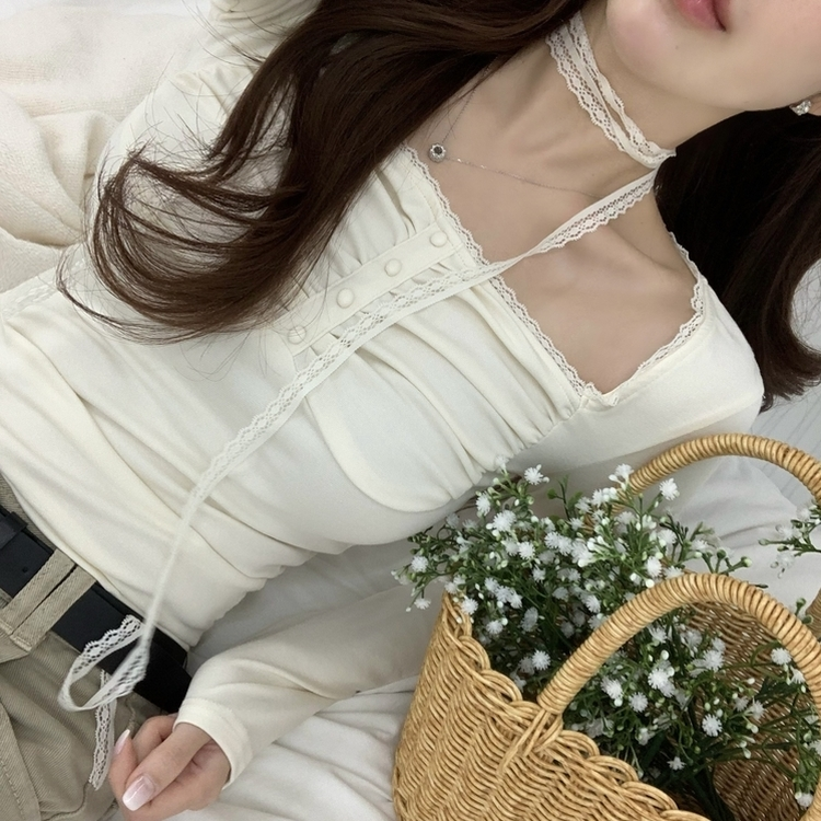 【タイ付き】レースシャーリング長袖Tシャツ IVORY