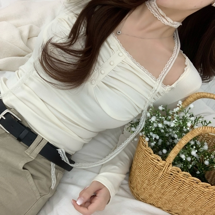 【タイ付き】レースシャーリング長袖Tシャツ IVORY