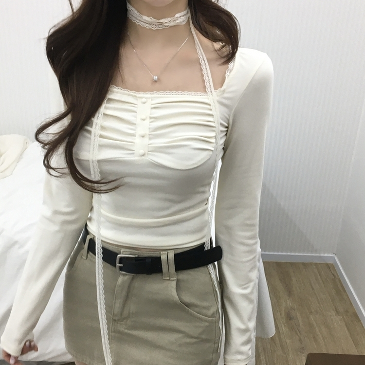 【タイ付き】レースシャーリング長袖Tシャツ IVORY