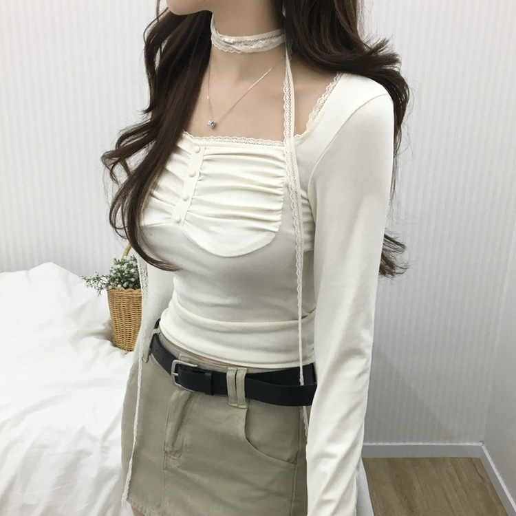 【タイ付き】レースシャーリング長袖Tシャツ IVORY