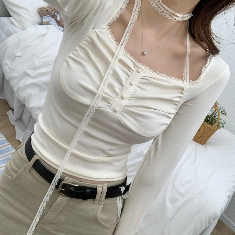 【タイ付き】レースシャーリング長袖Tシャツ IVORY