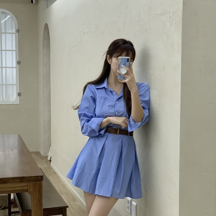 【ベルト付き】ピンタックベルトミニワンピース BLUE