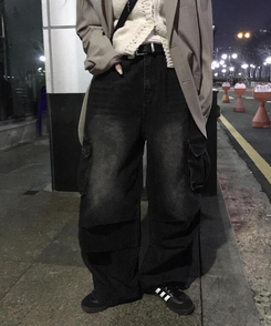 ワイド デニムカーゴパンツ BLACK DENIM