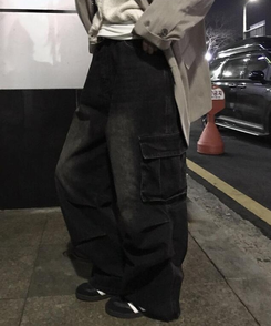 ワイド デニムカーゴパンツ BLACK DENIM