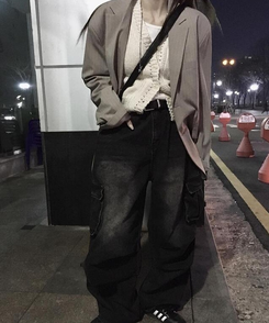 ワイド デニムカーゴパンツ BLACK DENIM