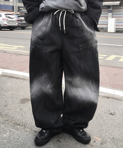 ワイド バルーンストリングパンツ BLACK DENIM