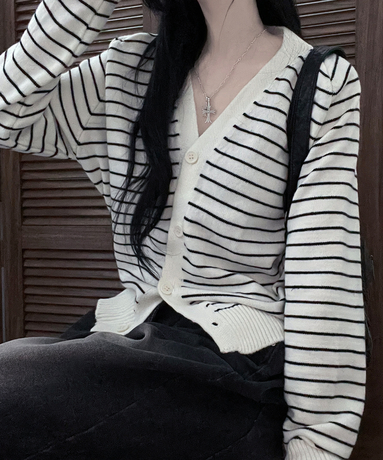 ストライプセミクロップニットカーディガン(5color) IVORY
