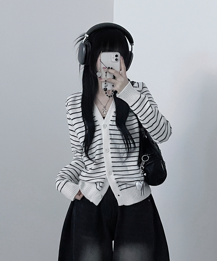 ストライプセミクロップニットカーディガン(5color) IVORY