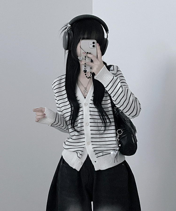 ストライプセミクロップニットカーディガン(5color) IVORY