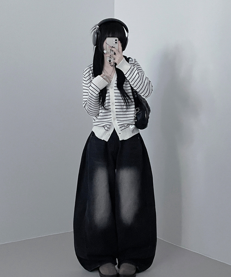 ストライプセミクロップニットカーディガン(5color) IVORY