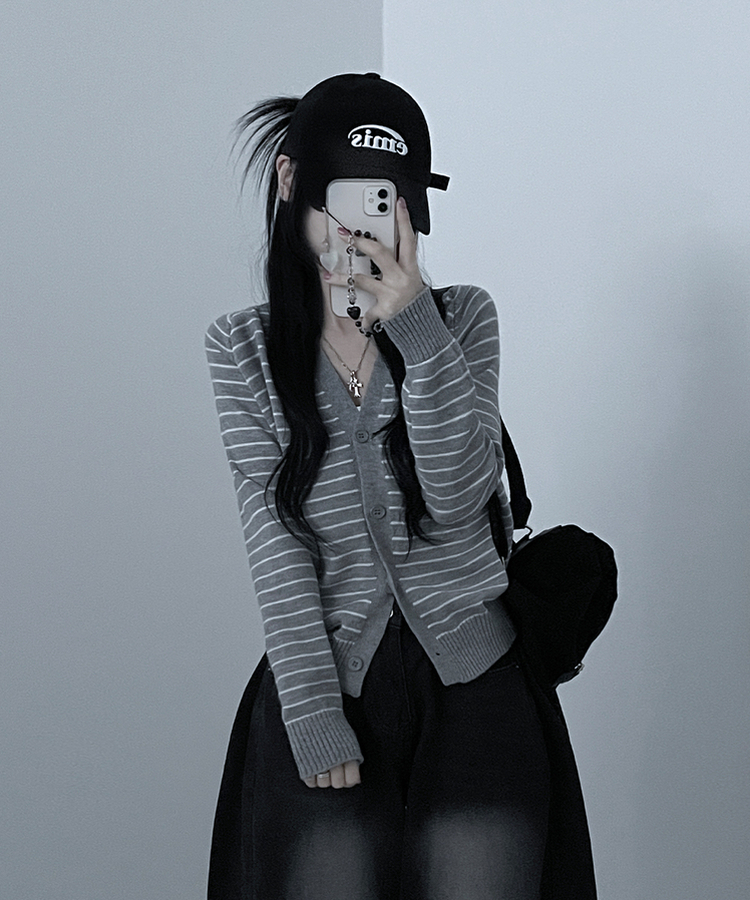 ストライプセミクロップニットカーディガン(5color) GREY
