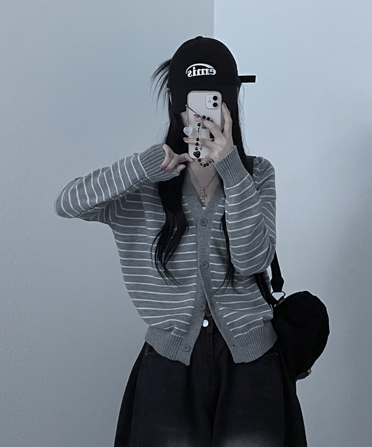 ストライプセミクロップニットカーディガン(5color) GREY