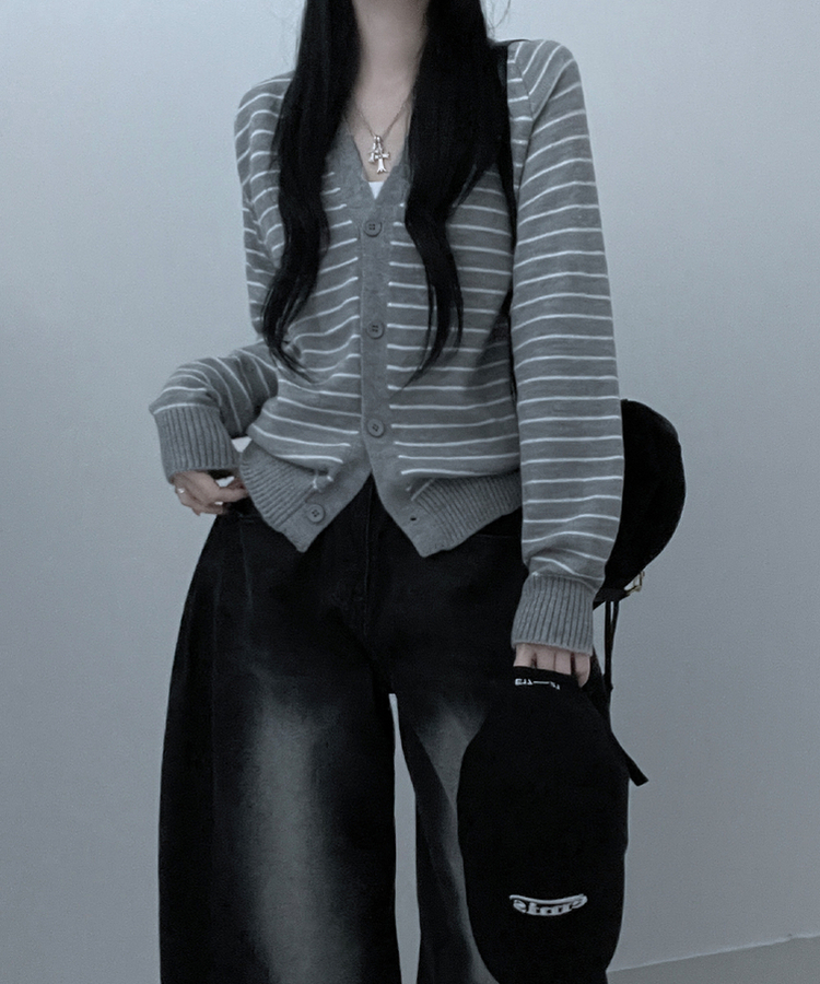 ストライプセミクロップニットカーディガン(5color) GREY