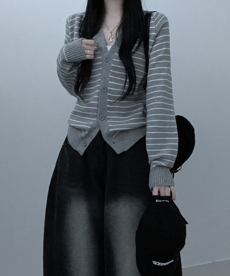 ストライプセミクロップニットカーディガン(5color) GREY