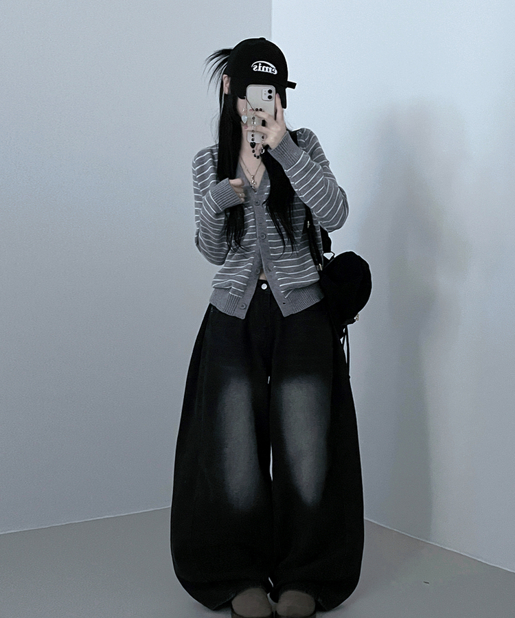ストライプセミクロップニットカーディガン(5color) GREY
