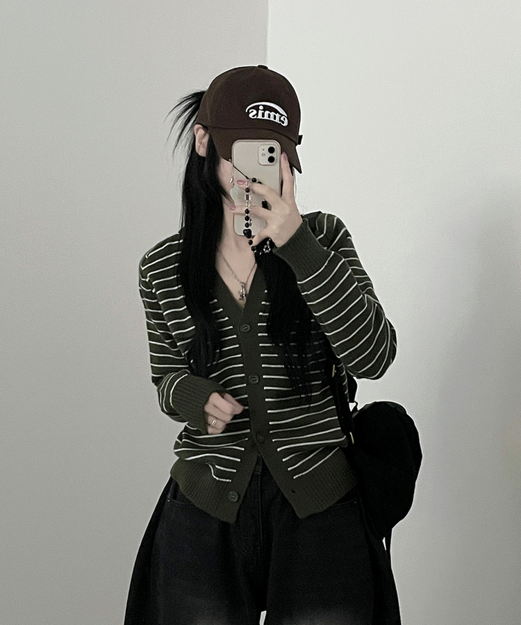 ストライプセミクロップニットカーディガン(5color) KHAKI