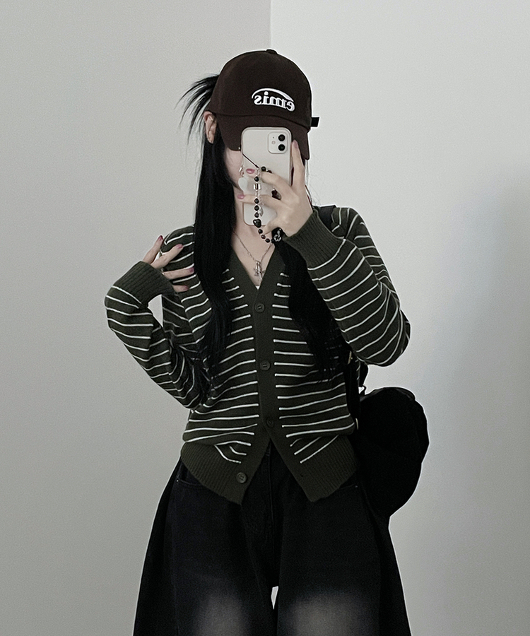 ストライプセミクロップニットカーディガン(5color) KHAKI