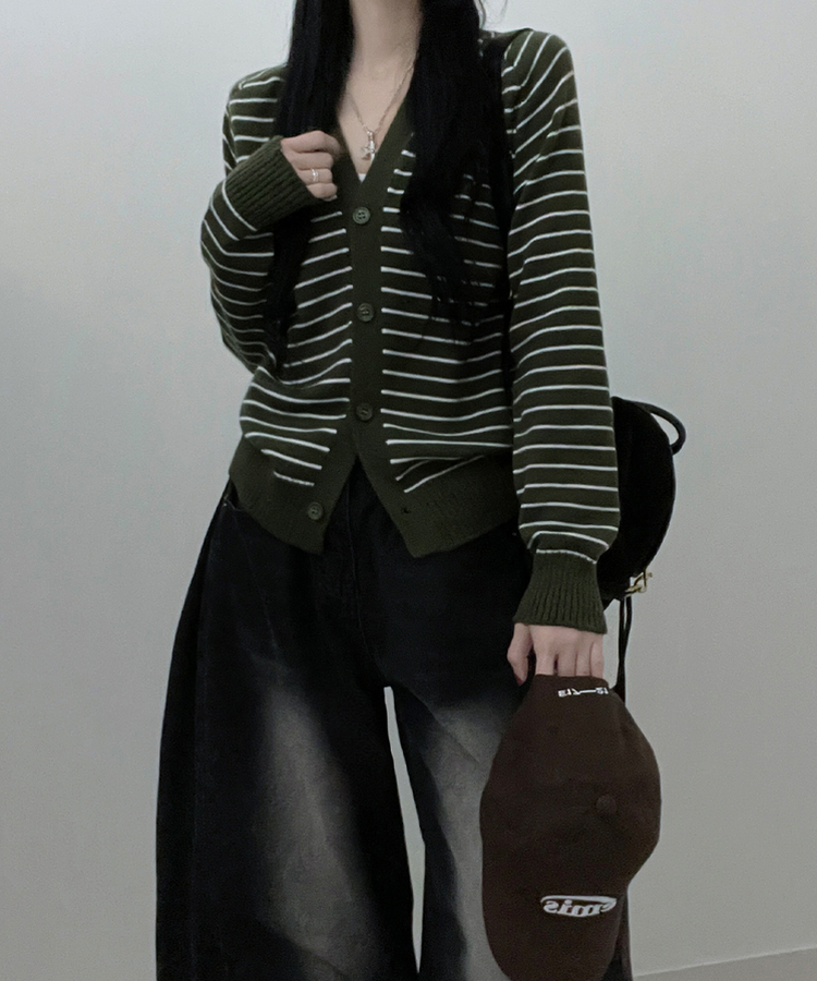 ストライプセミクロップニットカーディガン(5color) KHAKI