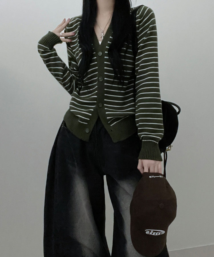 ストライプセミクロップニットカーディガン(5color) KHAKI