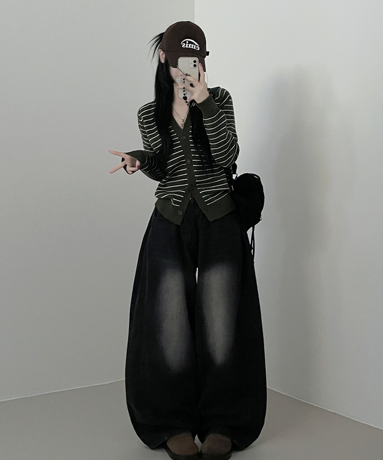 ストライプセミクロップニットカーディガン(5color) KHAKI