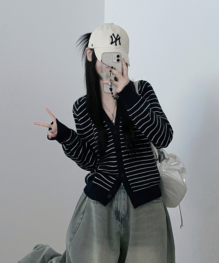 ストライプセミクロップニットカーディガン(5color) NAVY