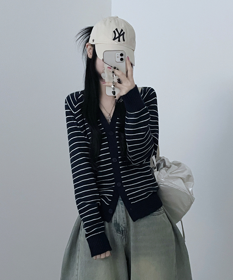 ストライプセミクロップニットカーディガン(5color) NAVY