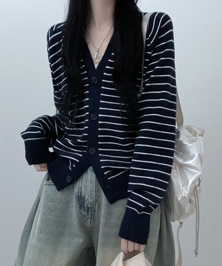 ストライプセミクロップニットカーディガン(5color) NAVY