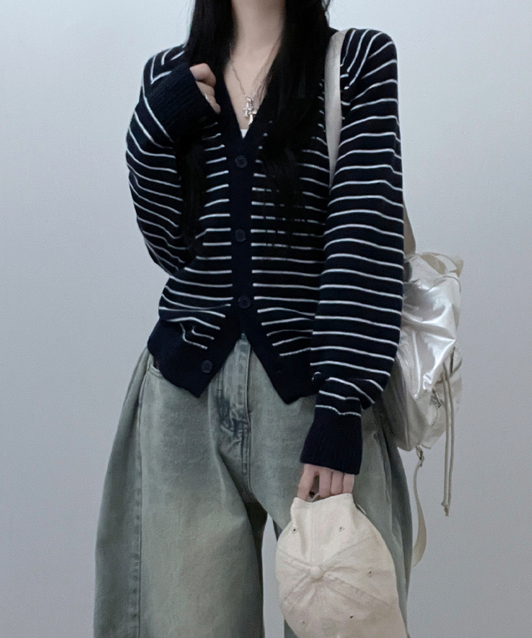 ストライプセミクロップニットカーディガン(5color) NAVY