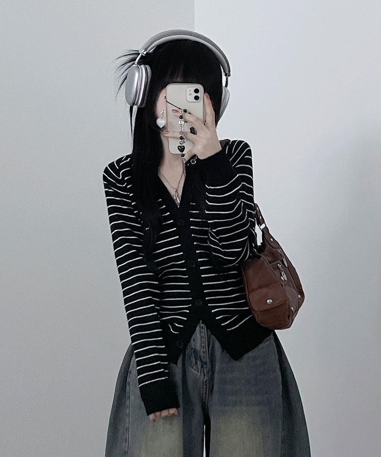 ストライプセミクロップニットカーディガン(5color) BLACK