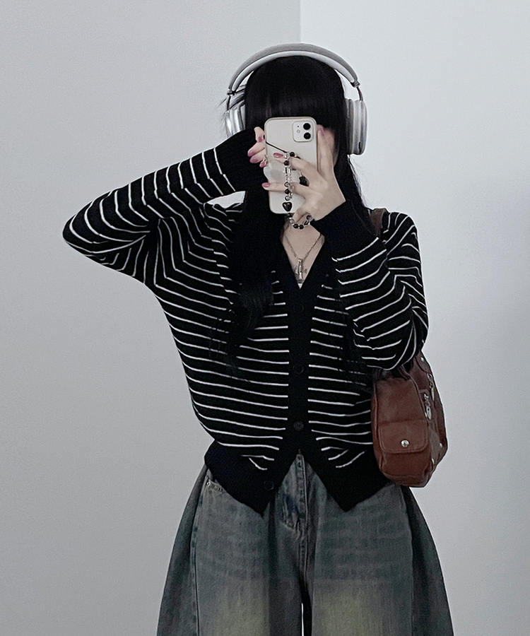 ストライプセミクロップニットカーディガン(5color) BLACK