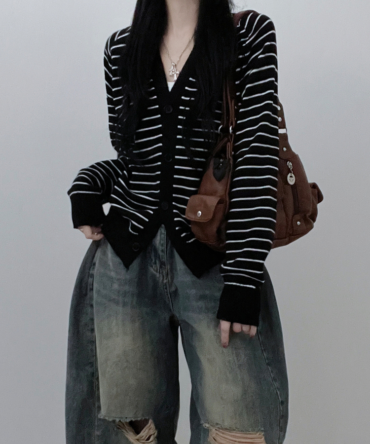 ストライプセミクロップニットカーディガン(5color) BLACK