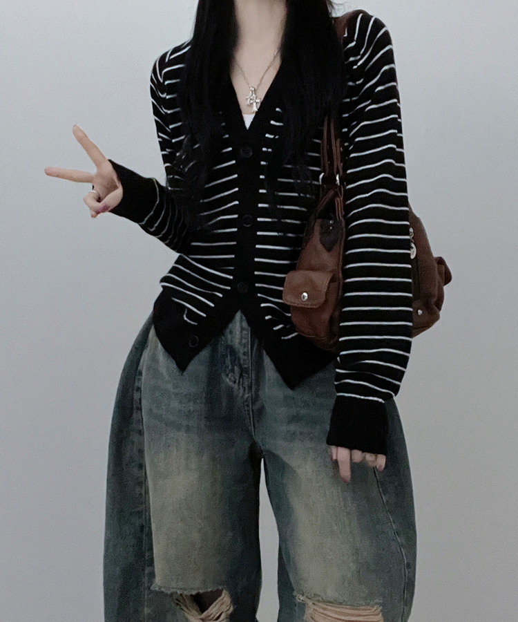 ストライプセミクロップニットカーディガン(5color) BLACK