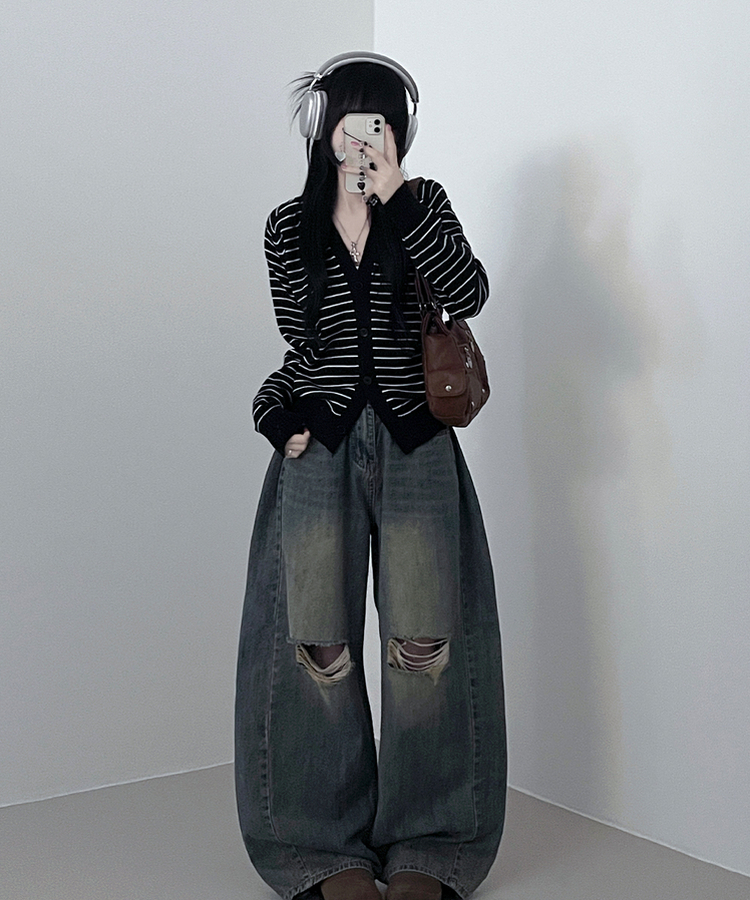 ストライプセミクロップニットカーディガン(5color) BLACK