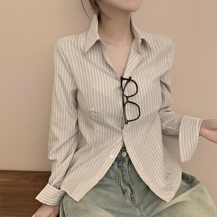 ストライプピンタックスリムシャツブラウス BEIGE