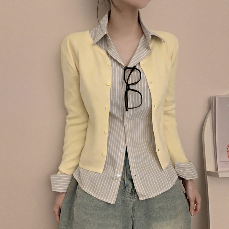 ストライプピンタックスリムシャツブラウス BEIGE