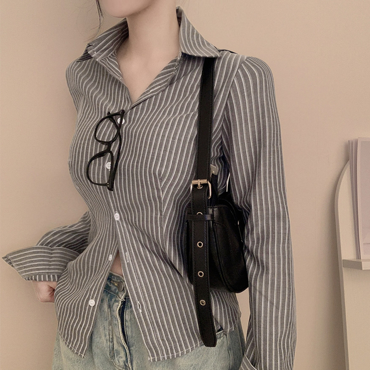 ストライプピンタックスリムシャツブラウス BLACK