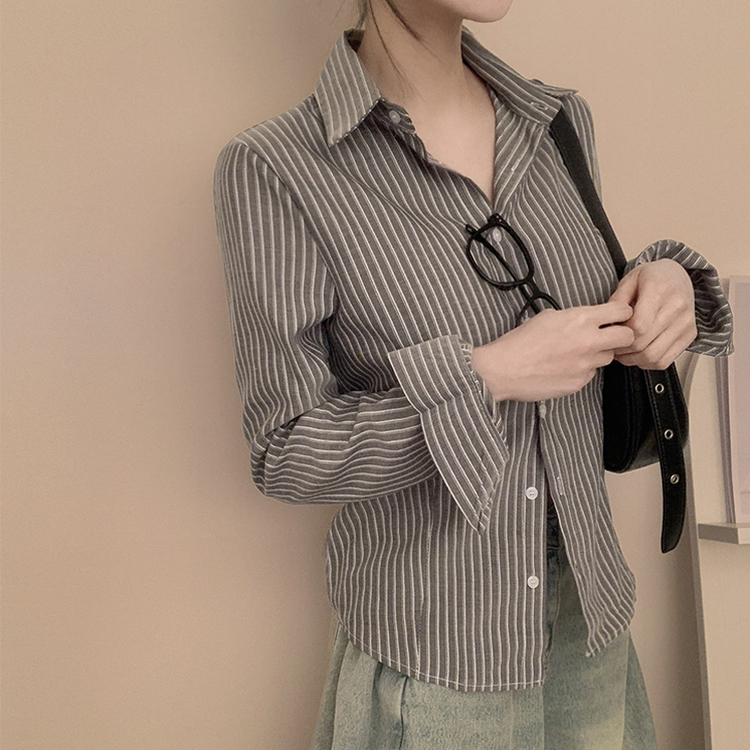 ストライプピンタックスリムシャツブラウス BLACK