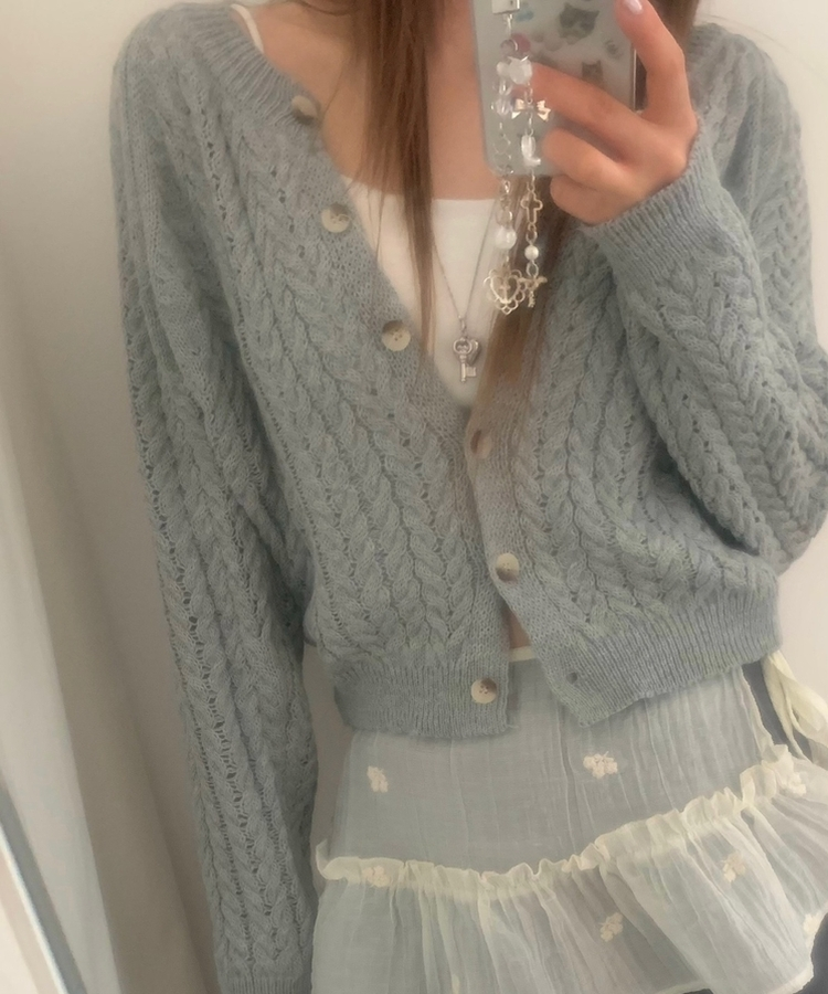 クロップケーブルボタンカーディガンニット(6color) GREY