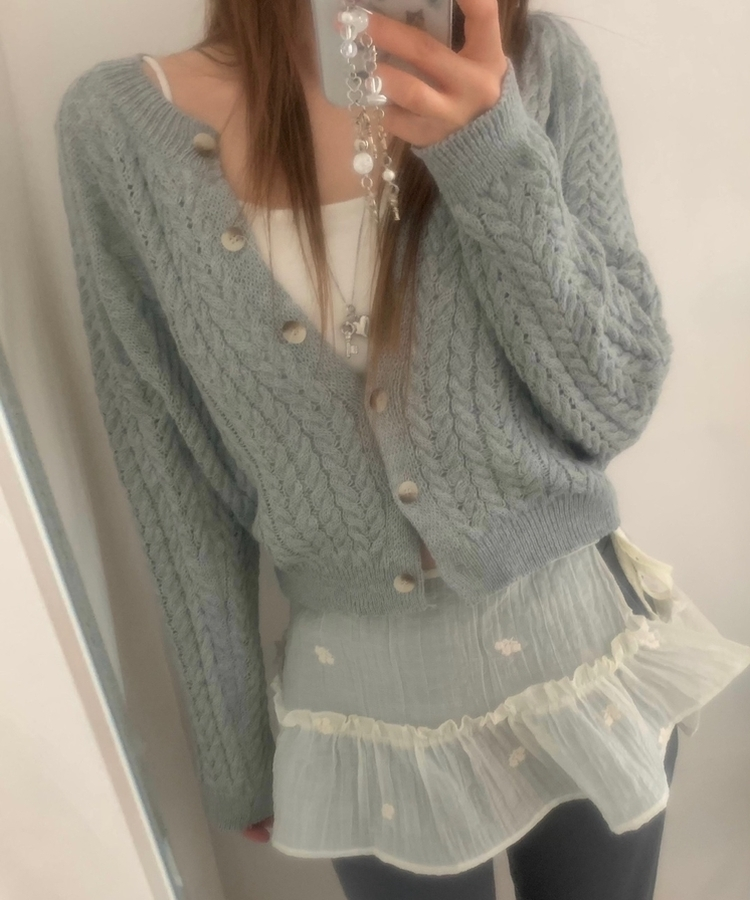 クロップケーブルボタンカーディガンニット(6color) GREY