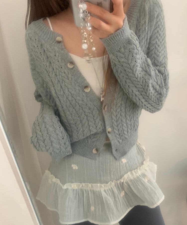 クロップケーブルボタンカーディガンニット(6color) GREY