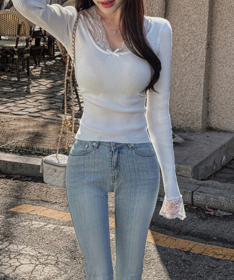 レースレイヤードリボンスリムニット IVORY