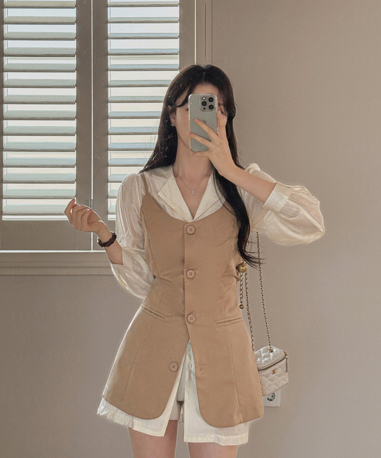 【SET】ルーズシャツ レイヤードビスチェ BEIGE