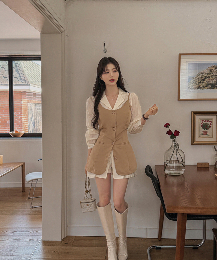 【SET】ルーズシャツ レイヤードビスチェ BEIGE