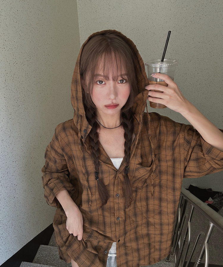 オーバーチェックフードシャツ BROWN