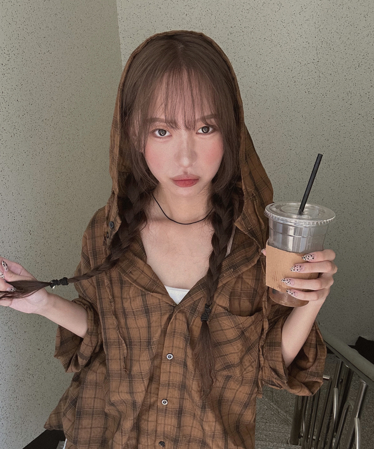 オーバーチェックフードシャツ BROWN