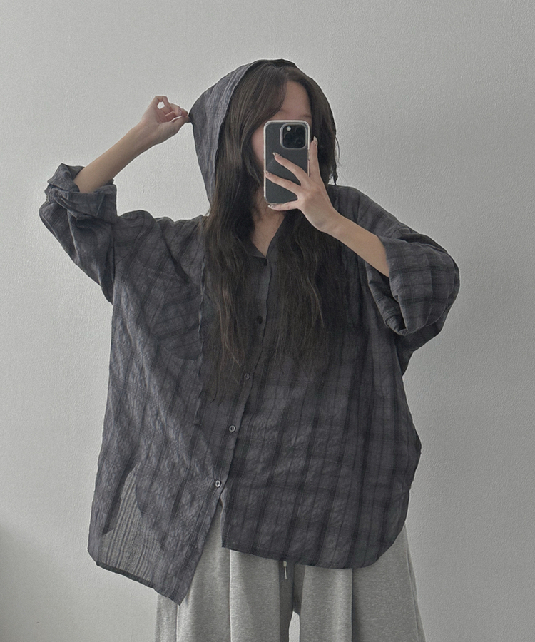 オーバーチェックフードシャツ CHARCOAL